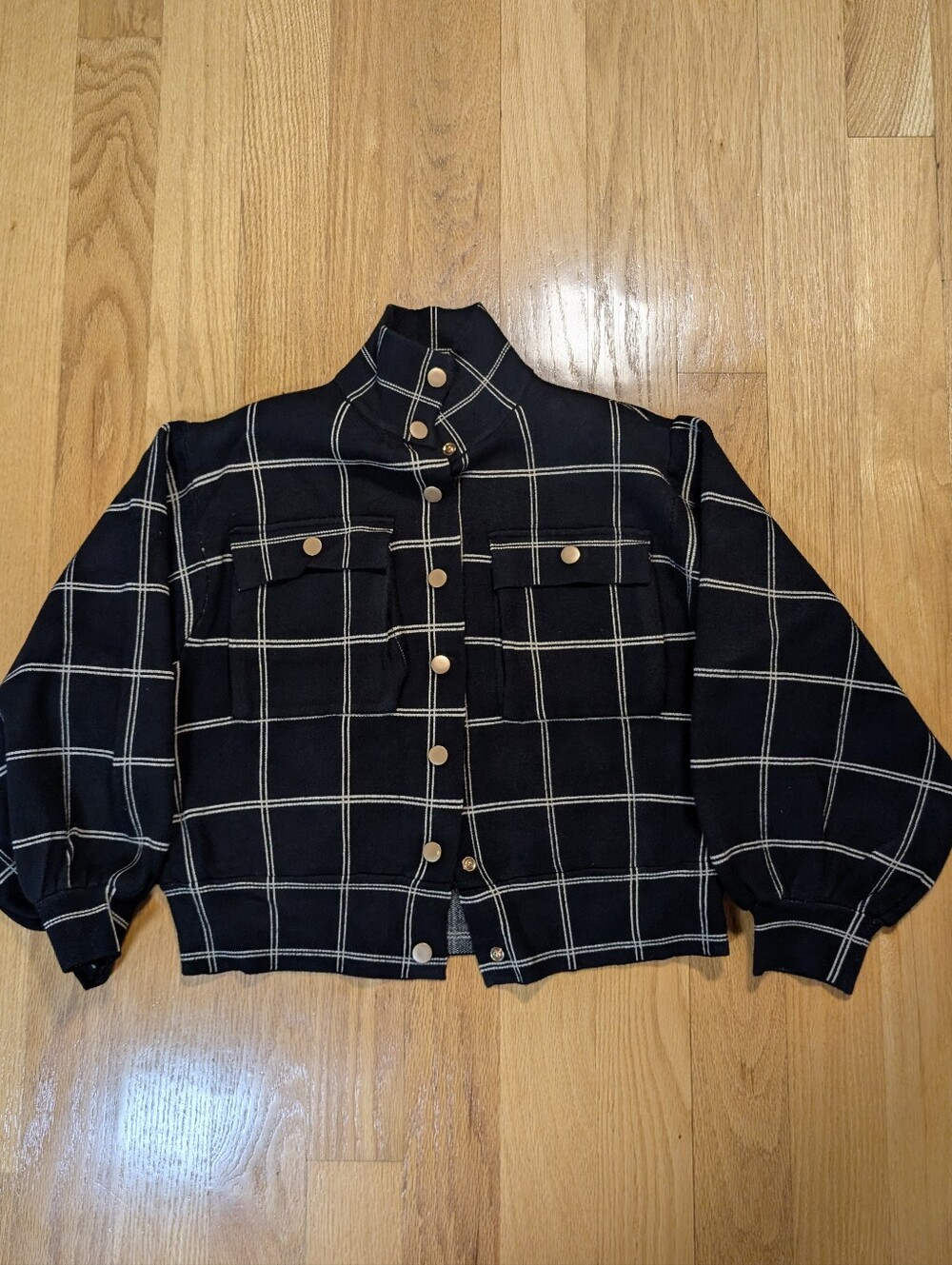 Oliver.o  Womens M Black Windowpane Plaid Cropped Snap Front Jacket Gold Buttons